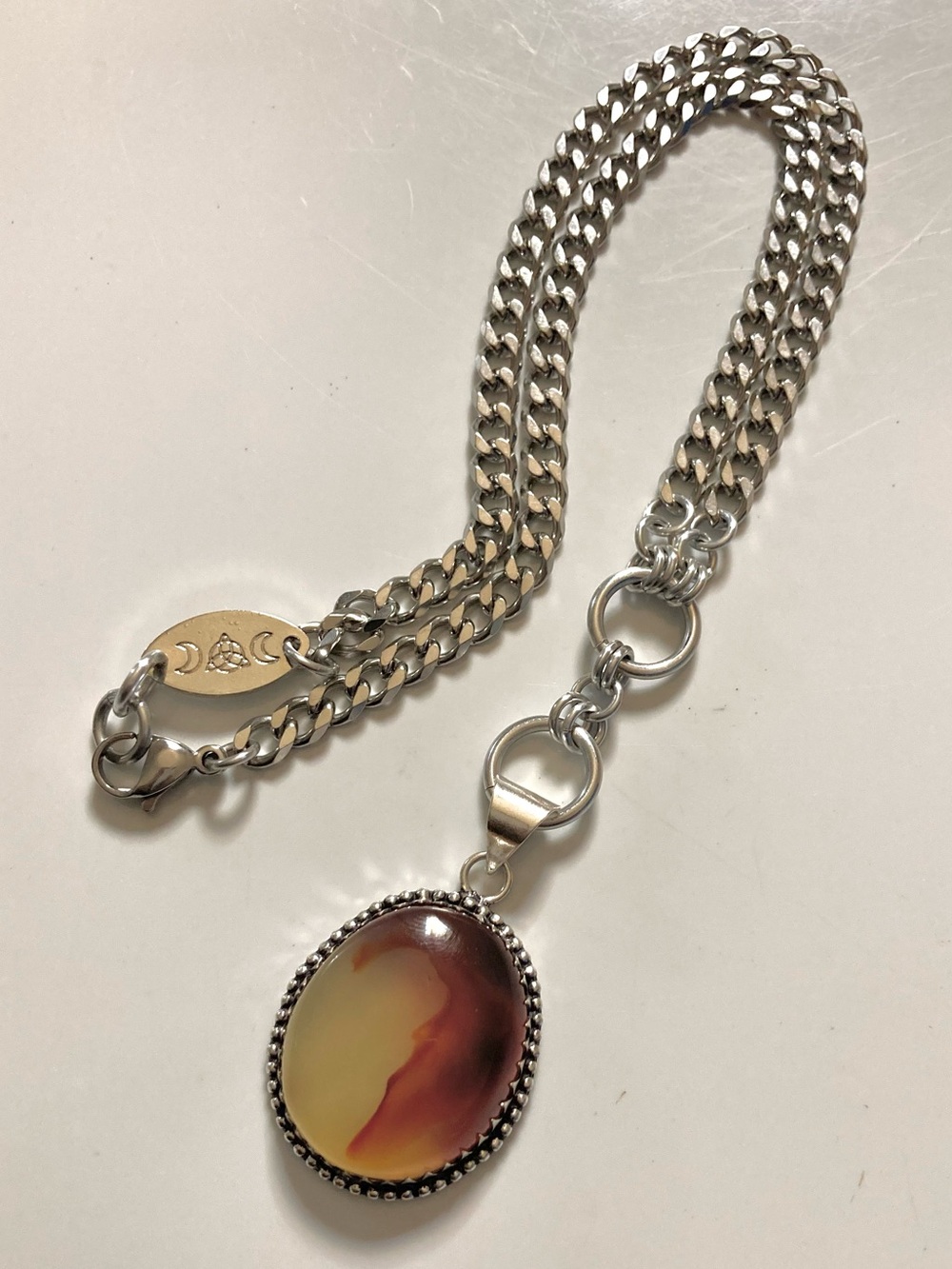 Agate gemstone maille lariat Y shape Cuban stainless steel boho necklace - Picture 8 of 16